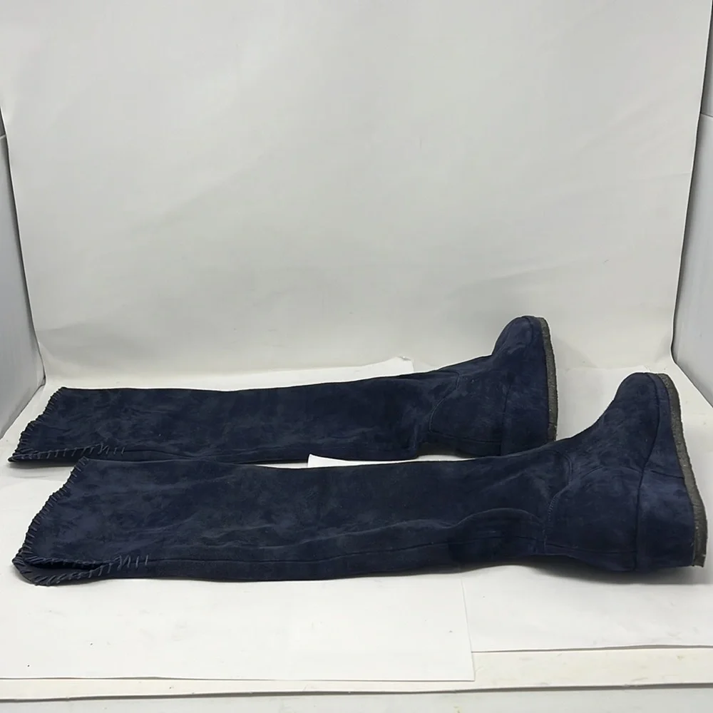 Michele Negri Sz 8.5 Blue Suede Low Wedge Whipstitch Trim Knee Boots